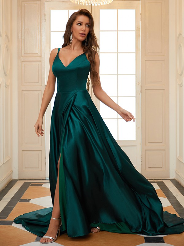 A-Line/Princess  Woven Satin Ruffles V-neck Sleeveless Court Train Dresses